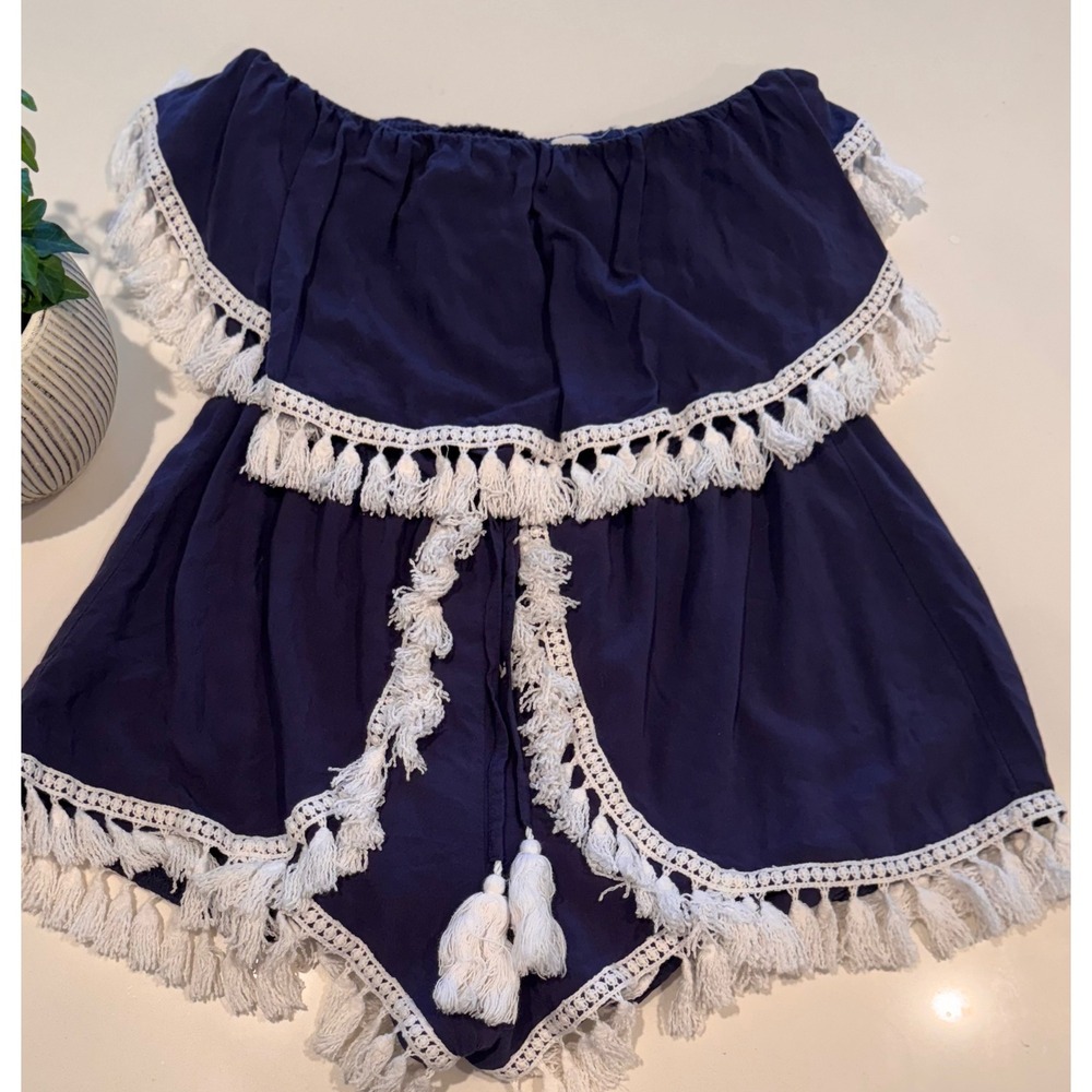 Surf Gypsy Navy Off Shoulder Tassel Crochet Trim Boho Romper Medium Resort
